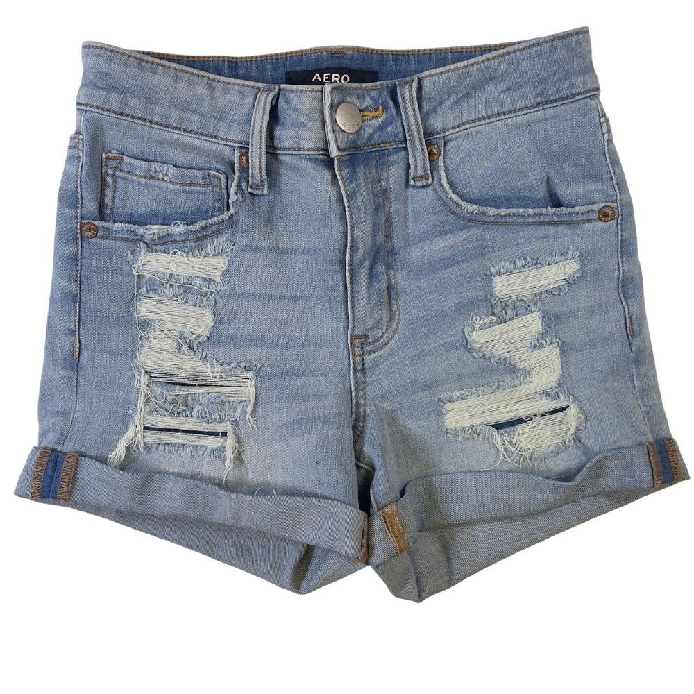 Aero Womens Mid Rise Light‎ Blue Denim Shorts Distressed Ripped Cuffed Pockets 4